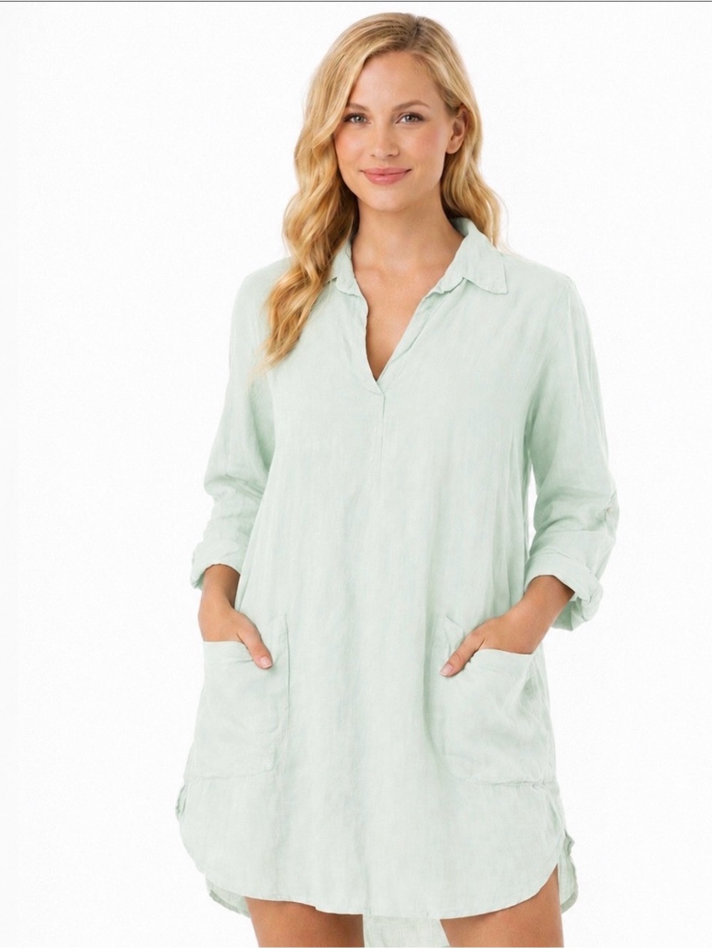 Fresh Laundry Linen Tunic Dress Pockets Long sleeve
